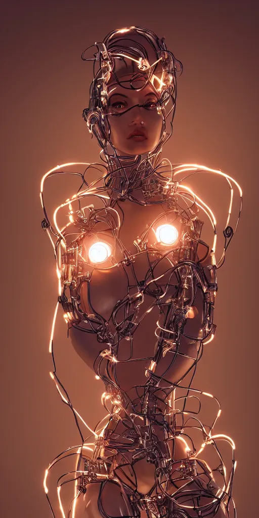 Image similar to beauty woman made of wires and cables, dramatic lighting, very detailed, electrical details, high details, 4k, 8k, trending on artstation, by Hajime Sorayama and Paolo Eleuteri Serpieri
