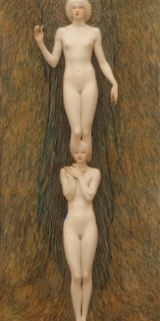 Image similar to Say who is this with silver hair so pale and Wan and thin? Feminine angel in the style of Jean Delville, Lucien Lévy-Dhurmer, Fernand Keller, Fernand Khnopff, oil on canvas, 1896, 4K resolution, aesthetic, mystery