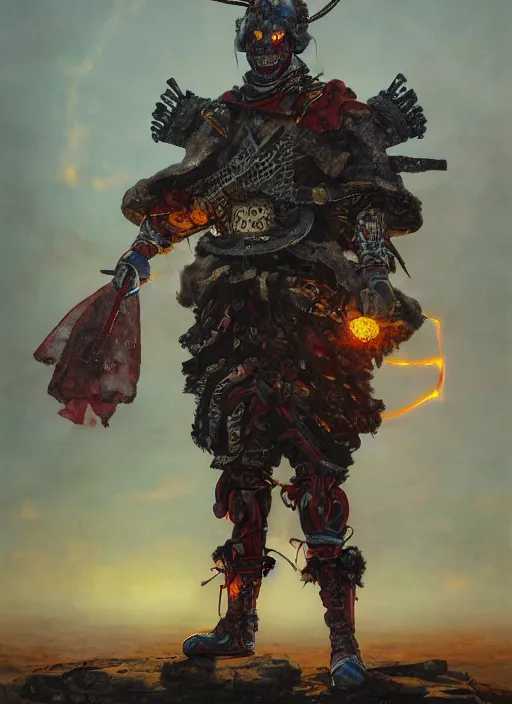 Image similar to portrait of a diabolical cyborg clown samurai, torn cape, heavy armor, dynamic pose, glowing eyes, ancient ruins, glowing veins subsurface scattering, in clouds, sunset, portrait, by gerald brom, by mikhail vrubel, by peter elson, muted colors, extreme detail, reflections, trending on artstation, 8 k