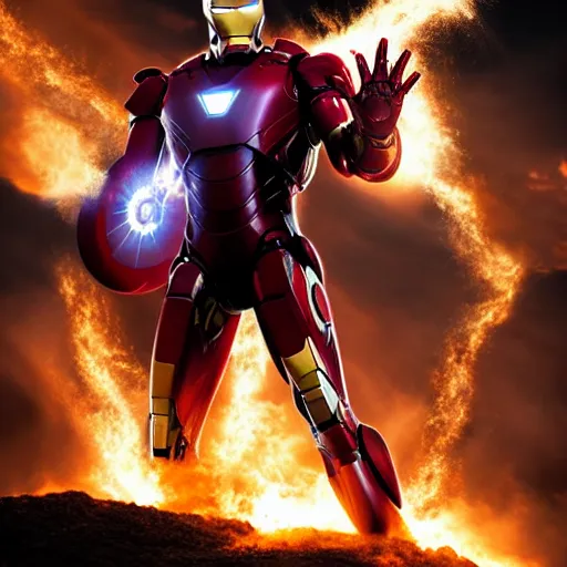 Image similar to iron man, scene from the avengers, explosions, fire, tanks, military, battlefield, war photography