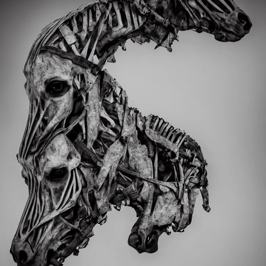 Image similar to skeleton of a horse in a dark veil, dark and mysterious, stopped in time, atmospheric, ominous, eerie, cinematic, epic, 8 k, 4 k, ultra detail, ultra realistic