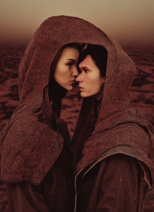 Image similar to cinestill 5 0 d photographic portrait of two loving female androids wearing rugged black techwear on a desolate plain with a red topographic sky in front of a brutalist structure, extreme closeup, cyberpunk style, dust storm, 8 k, hd, high resolution, 3 5 mm, f / 3 2, ultra realistic faces, ex machina