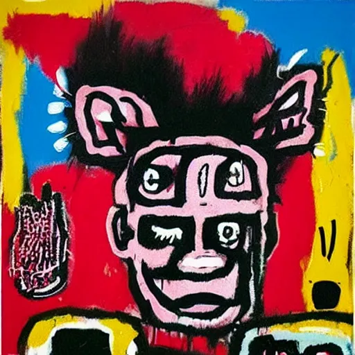 Prompt: “berries, diamonds, pigs, weeds, bagels, emo catgirl, Acrylic and spray paint and oilstick on canvas by Jean-Michel Basquiat”
