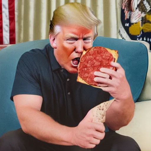 Prompt: Donald Trump sitting on the couch eating a pepperoni pizza