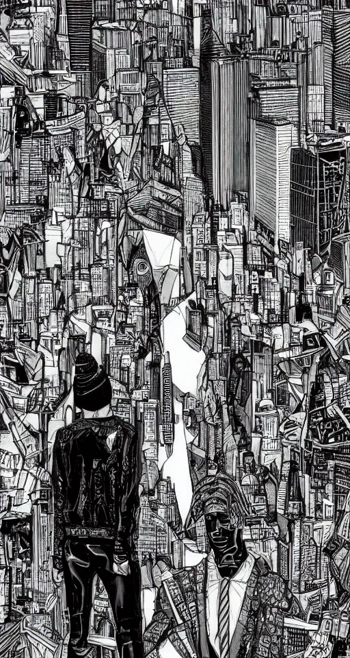 Prompt: cypherpunk fashion illustration, camera face, black and white, manga, city street background with high tall buildings, central park, abstract landscape, diane arbus, highly detailed, finely detailed, shadows realism
