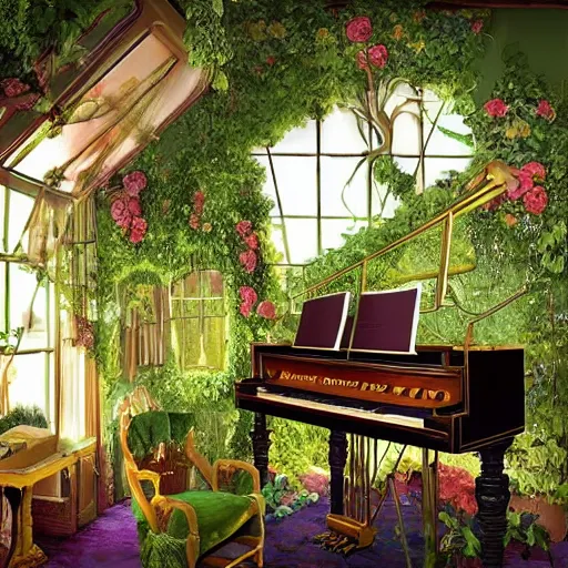 Image similar to a musical-themed bedroom in a victorian greenhouse treehouse. Pianos and instruments are in the bedroom. The bedroom is built in a giant oak tree, ornate, beautiful, atmosphere, vibe, flowers, concept art illustration, Greg rutowski, volumetric lighting, detailed