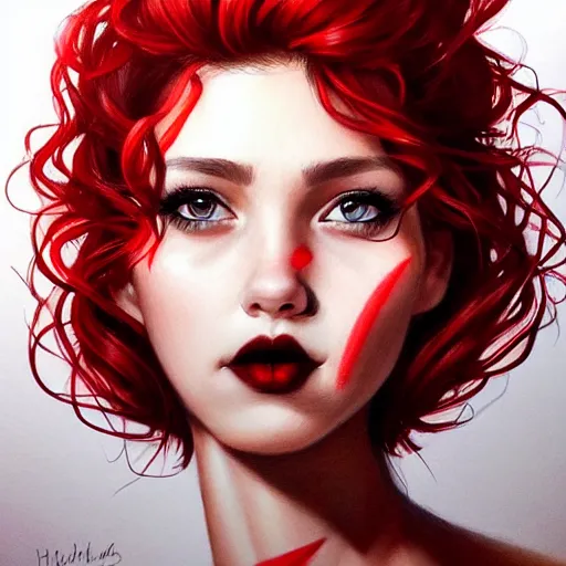 Image similar to a realistic illustration portrait of a beautiful cute girl with curly black and red hair, a pointy nose and, round chin black eyeliner, trending on artstation, hyper - realistic lighting, intricate