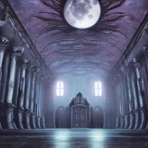 Prompt: large gothic hall with large eyes on the ceiling, horror movie, moonlight, artstation, detailed, colorfull, futuristic