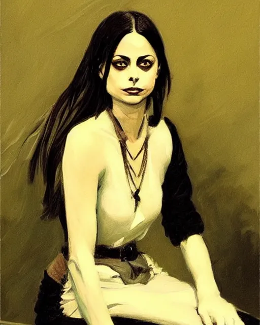 Image similar to style of frederic remington : : gorgeous willa holland : : evil witch, swirling black magic, black dress : : symmetrical face, symmetrical eyes : : full body pose : : gorgeous black hair : : magic lighting, low spacial lighting : :