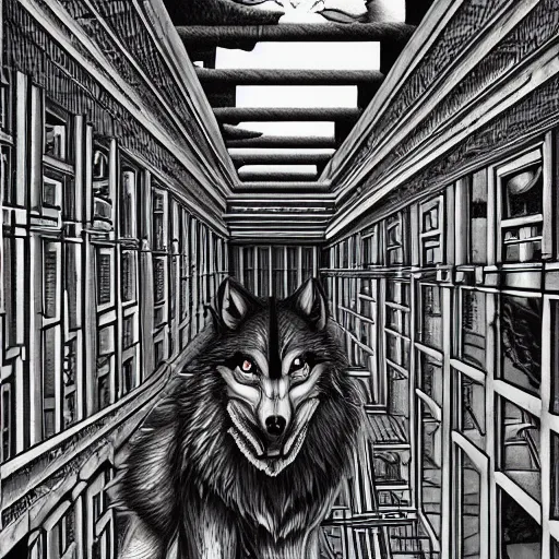 Image similar to a huge howling angry wolf in a huge bright maze of many doorways and lots of stairs, many doorways, inside MC Escher architecture, artstation, Junji Ito, epic composition, detailed background