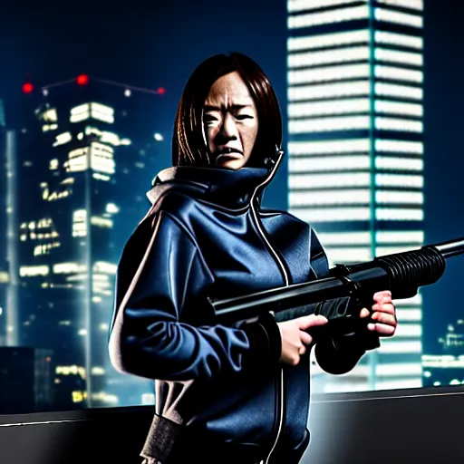 Image similar to photographic portrait of a techwear woman holding a shotgun, holding shotgun down, closeup, on the rooftop of a futuristic city at night, sigma 85mm f/1.4, 4k, depth of field, high resolution, full color, award winning photography, Kill Bill, John Wick, Die Hard, movies with guns, movie firearms, anatomically correct hands