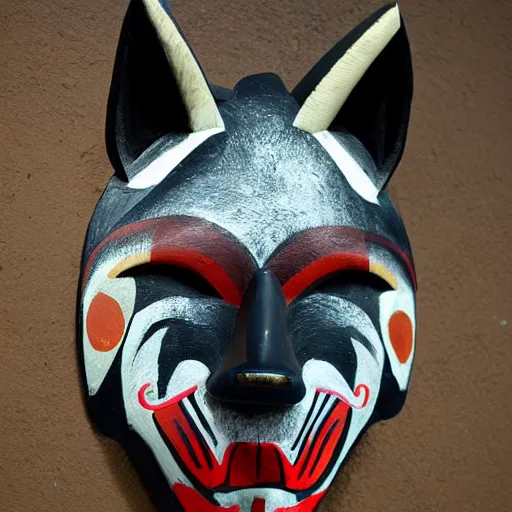 Prompt: painted wooden wolf spirit mask, pacific northwest indigenous style