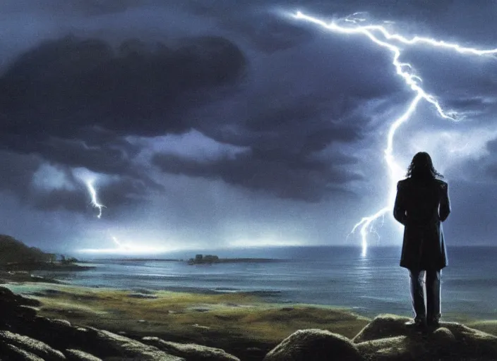 Prompt: a man with a long wavy black hair wearing a long blue coat and stands in the foreground with his back to the viewer. he is on bare rocky ground looking up at an immense approaching lightning storm. roiling dramatic threatening dangerous looming clouds. dramatic fantasy art by michael whelan and greg rutkowski