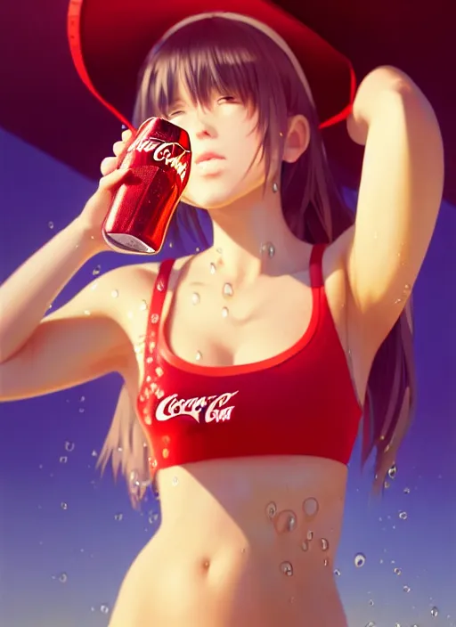 Image similar to full body picture of a girl drinking a coke, highly detailed face, very thirsty, dripping on the body, sharp focus, shiny day beach, extremely beautiful and cute and aesthetic face and body, specular reflection, occlusion shadow, trending on artstation, epic light novel cover art, art by ilya kuvshinov and sakimichan and jeremy lipking