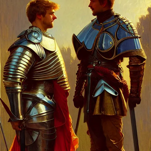 Image similar to attractive arthur pendragon and his attractive male knight, they are in love, natural lighting, path traced, highly detailed, high quality, digital painting, by gaston bussiere, craig mullins, alphonse mucha j. c. leyendecker