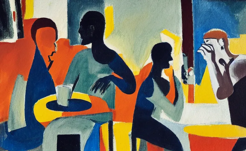 Prompt: oil painting in the style of john craxton. sailors talking in the shadows of jazz club. cretan. cheekbones. looking. strong expressions on faces. smoke. holding cigarettes. playing cards. scratch. strong lighting. brush. single flower. in the style of ivon hitchins. seated figure hands on table. line drawing. high detail.