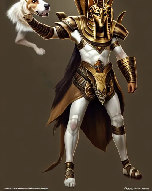 Prompt: nasus the armored egyptian anubis white and brown border collie warrior from videogame league of legends the armored egyptian collie warrior in action attacking with the face of a white and brown border collie, full body armor, highly detailed, artstation, cinematic character, by artgerm and greg rutkowski