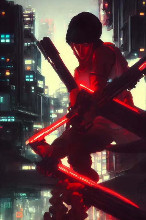 Image similar to portrait of ninja slayer, japan, in cyberpunk, neon lighting, night city, digital art from artstation by Ruan Jia and Mandy Jurgens and Artgerm and william-adolphe bouguereau and Greg Rutkowski