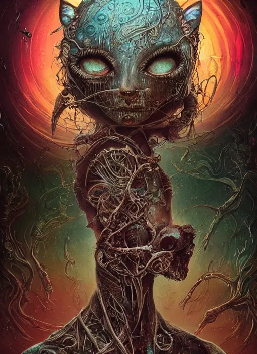 Image similar to cat, alien, skull, highly detailed, cinematic, 8 k, by megan duncanson, benjamin lacombe, adrian borda, stanley artgermm, tom bagshaw, craig mullins, carne griffiths, ayami kojima, beksinski, giger, trending on deviantart, hyper detailed, horror, full of colour