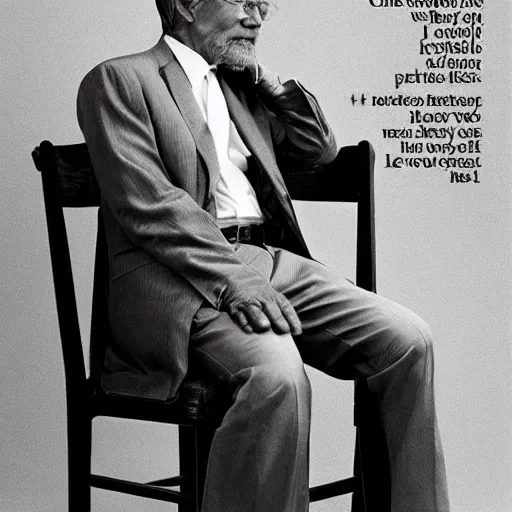 Prompt: charismatic, wise man, sitting on a chair, photo for vogue by annie liebovitz