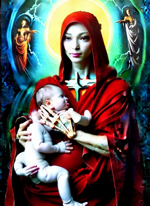 Prompt: realistic detailed 8k photo of futuristic holy cyborg-mother holding a newborn baby child in hands by Raphael Santi, orthodox icon by Ayami Kojima, Amano, Karol Bak, Greg Hildebrandt, and Mark Brooks, Neo-Gothic, gothic, rich deep colors. Beksinski painting, part by Adrian Ghenie and Gerhard Richter. art by Takato Yamamoto. masterpiece