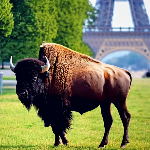 Image similar to photo of a bison on the background of the Eiffel Tower, 50mm, beautiful photo