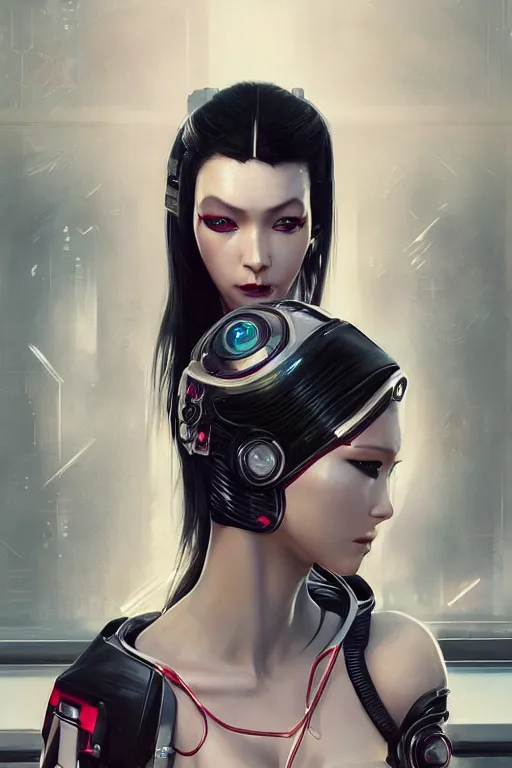 Image similar to Photorealistic illustration, geisha cyborg woman with fashion balanciaga clothe six digital eyes , cyberpunk 2077, sci-fi, futuristic, intricate, elegant, highly detailed, digital painting, artstation, concept art, smooth, sharp focus, art by artgerm, greg rutkowski and alphonse mucha