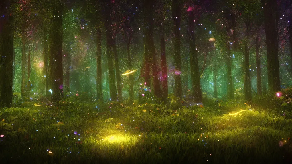 Image similar to beautiful lush ethereal magic mana ireland forest, night sky with dazzling stars, fairies, fireflies, bokeh, octane render, unreal engine, raytracing, crystallized, intricate, hyper detailed, light rays