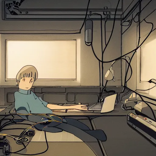 Prompt: a guy connected to his computer with wires and tubes, dystopian, ghibli studio, trending on artstation, hayao miyazaki art,