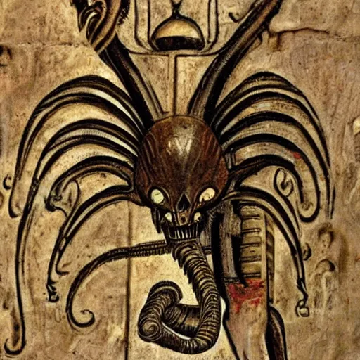 Image similar to ancient egyptian art of xenomorph giger alien
