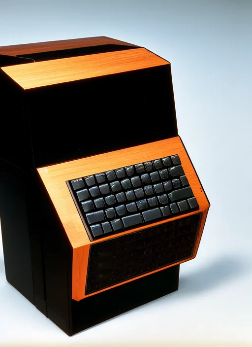 Image similar to realistic photo of a scientific model of an ugly rough complex desktop computer made of wood, display is black obsidian, front view, 1 9 9 0, life magazine reportage photo, metropolitan museum photo