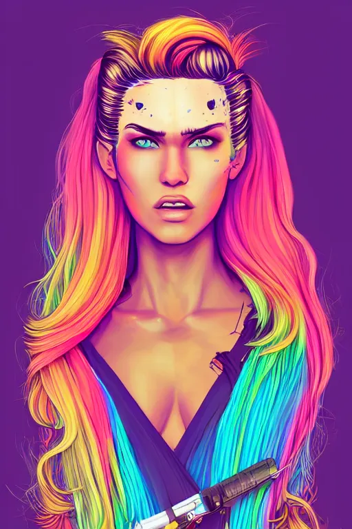 Image similar to a award winning half body portrait of a beautiful woman with stunning eyes in a printed croptop and cargo pants with rainbow colored ombre hairstyle head in motion and hair flying by josan gonzales, outrun, vaporware, shaded flat illustration, digital art, trending on artstation, highly detailed, fine detail, intricate