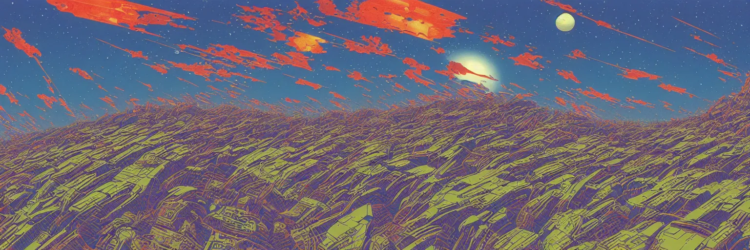 Image similar to a hyperrealistic rendering of a pop art scifi illustration panorama landscape pattern, deep color, futuristic, cyber by Peter Elson and Kawase Hasui, scifi superrealism