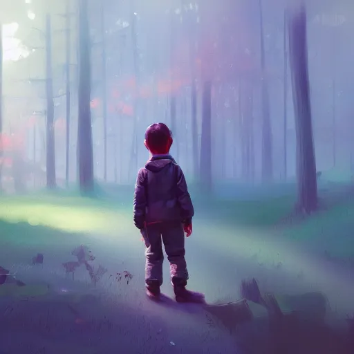 Image similar to a little boy lost in the magic woods, by elsa bleda, by ben enwonwu, by yanjun cheng, wide angle, concept art, artstation, cinematic, atmospheric, anamorphic, film