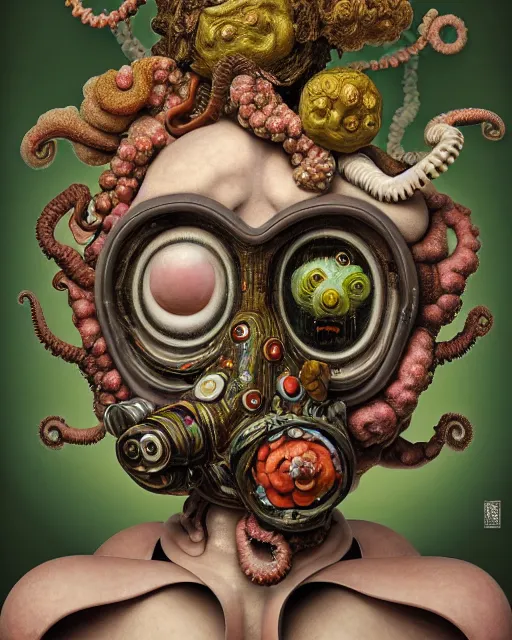Prompt: a biomorphic portrait with with large eyes, expressive, wearing a botanical gas mask, baroque painting by ayami kojima, mark ryden, arcimboldo, cephalopod human chimera, mixed media 3 d collage, focus on head, soft light, 4 k, octane high quality render