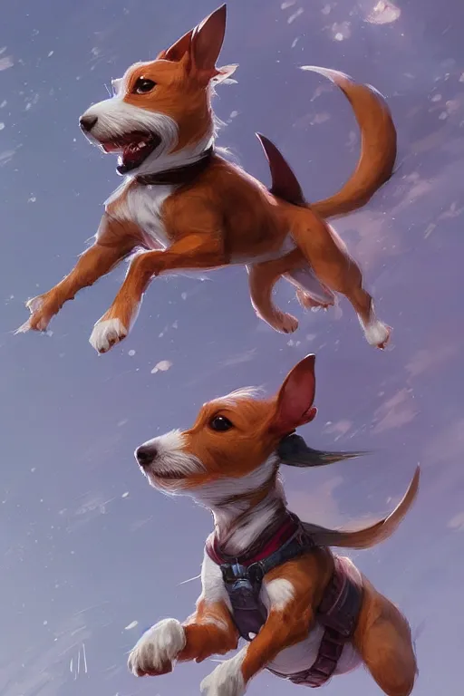 Prompt: adorable jack russel terrier jumping high, fantasy art, artstation character design contest winner, trending on cgsociety, concept art, speedpaint, beautiful digital art, jesper ejsing, james jean, justin gerard, fenghua zhong, makoto shinkai, highly detailed