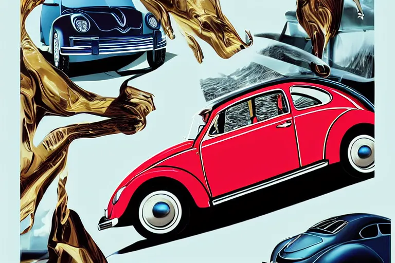 Image similar to Futuristic sinthwave magazine advertisement of the new Volkswagen Beetle with gullwing doors, retro futuristic illustration, hyper realistic, award winning advertising photo