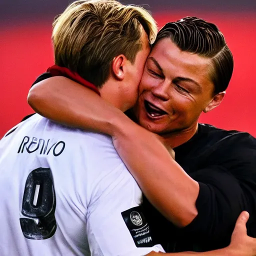 Prompt: christiano ronaldo crying while hugging leonardo decaprio. standing on the moon on a field of tomatoes. high definition. award winning. high resolution