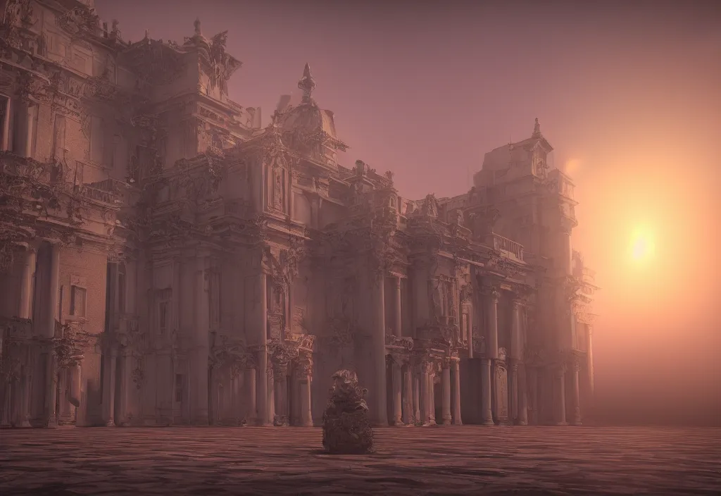 Image similar to a sfx demon inside a pristine palace, sunset, rendered in octane, mood fog