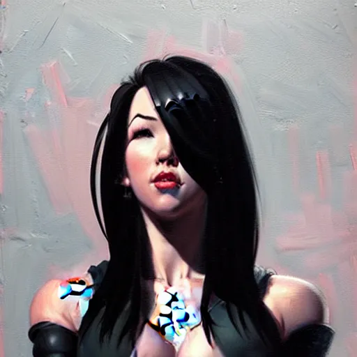 Image similar to Greg Manchess portrait painting o Tifa Lockheart as Overwatch character, medium shot, asymmetrical, profile picture, Organic Painting, sunny day, Matte Painting, bold shapes, hard edges, street art, trending on artstation, by Huang Guangjian and Gil Elvgren and Sachin Teng