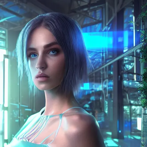 Image similar to “hyperrealistic ultra detailed unreal engine 5 RTX raytracing nvidia hairworks render of portrait of the most beautiful girl with blue eyes. She is in heavens cyberpunk greenhouse. futuristic. cinematic. very high detailed. By Charli Amani. By Tsubasa Nakai. Photorealistic render”