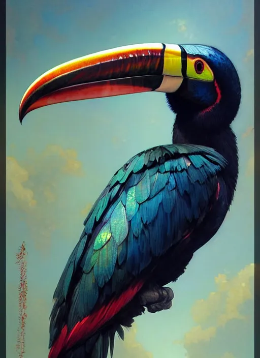Prompt: close up portrait of toucan god, blue iridescent feathers and white chest, beak open wide by artgerm, cushart krenz, greg rutkowski, mucha. art nouveau. gloomhaven, tropical atmosphere, natural tones, vibrant colors, sharp edges. ultra clear detailed. 8 k. elegant, intricate, octane render