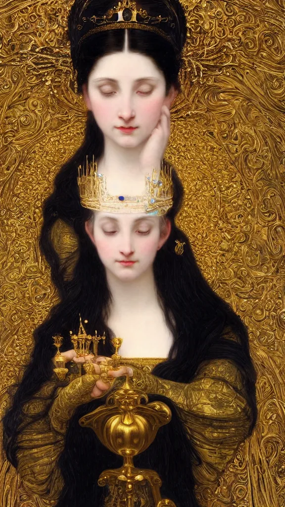 Prompt: painting portrait of a beautiful black haired woman with pale skin and a crown on her head sitted on an intricate metal throne, intricate, elegant, digital painting, smooth, sharp focus, shiny gold, realistic gold, realistic metal, by william - adolphe bouguereau and gustav klimt,