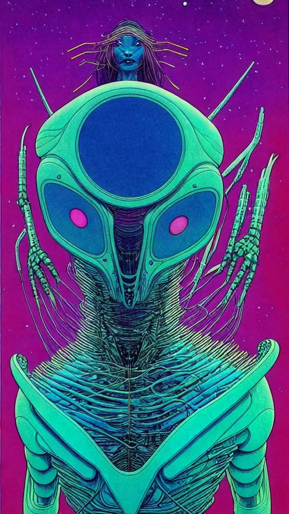 Prompt: ( ( ( ( a humanoid creature on other planets that appear intelligent. ) ) ) ) by mœbius!!!!!!!!!!!!!!!!!!!!!!!!!!!, overdetailed art, colorful, artistic record jacket design