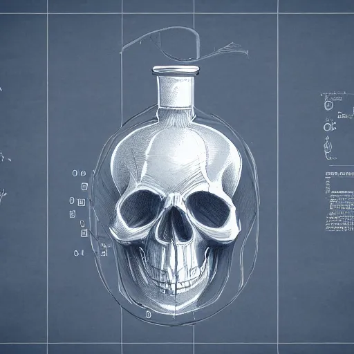 Prompt: ancient flask contains life and death essence, skull and wings cap top, blueprint drawing, concept art, raytracing