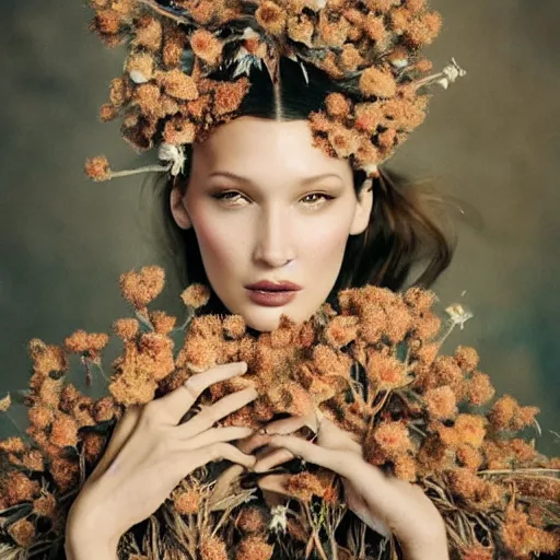 Prompt: fine art photo of bella hadid, she has a crown of dried flowers, by oleg oprisco