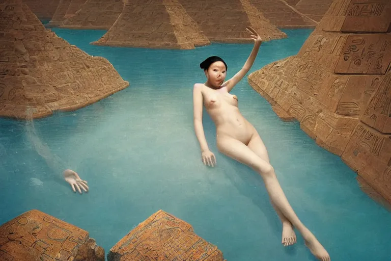 Image similar to lee jin - eun in astronaut dress emerging from turquoise water in egyptian pyramid by dino valls, nicola samuri, conrad roset, m. k. kaluta, martine johanna, rule of thirds, elegant look, beautiful, luxurious