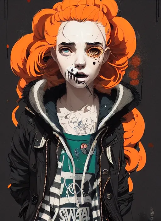 Image similar to highly detailed portrait of a sewer punk lady, tartan hoody, blonde ringlet hair by atey ghailan, by greg rutkowski, by greg tocchini, by james gilleard, by joe fenton, by kaethe butcher, gradient orange, black, blonde cream and white color scheme, grunge aesthetic!!! ( ( graffiti tag wall background ) )