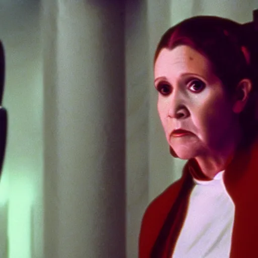 Image similar to a full color still of Carrie Fisher as Leia Organa as a regal Senator in the Galactic Senate talking to an alien, cinematic lighting, 1999, directed by Steven Spielberg, 35mm