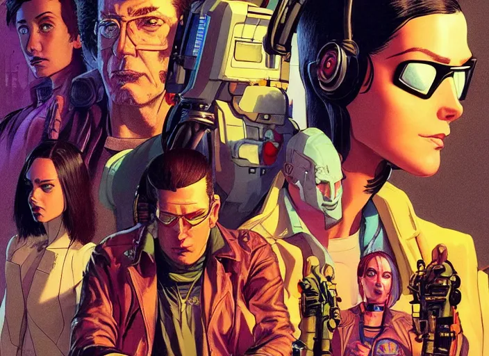 Prompt: cyberpunk heist crew. portrait by stonehouse and mœbius and will eisner and gil elvgren and pixar. character design. realistic proportions. dystopian. cyberpunk 2 0 7 7, apex, blade runner 2 0 4 9 concept art. cel shading. attractive face. thick lines. hi def 4 k. the team. detailed characters.